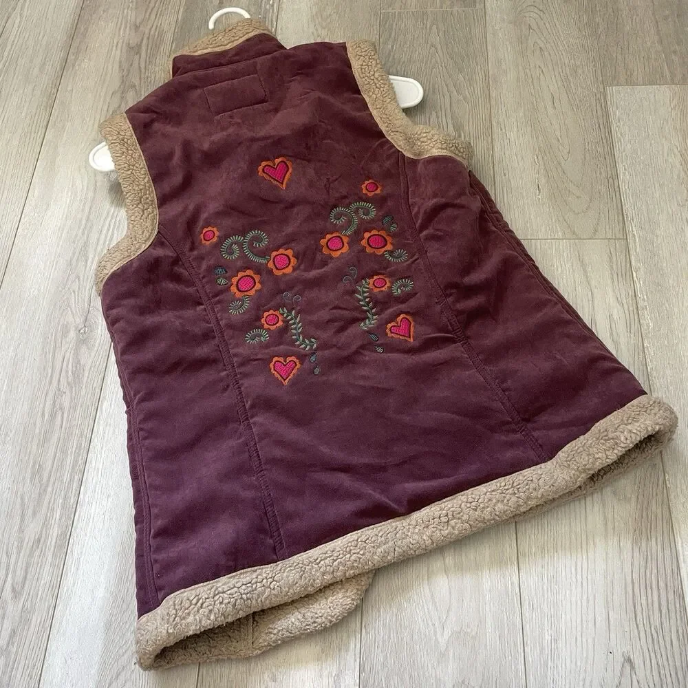 Vintage Embroidered Vest shearling trim womens Purple large boho folk penny lane